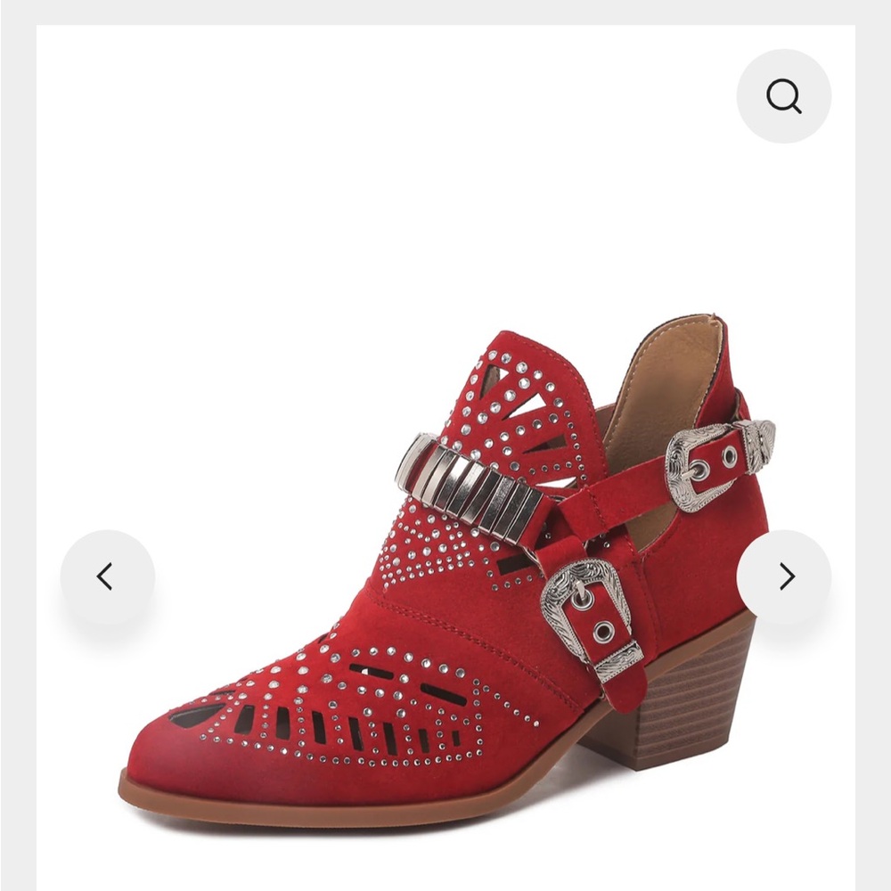 Red Studded Western Ankle Boots with Silver Buckles - Picture 11 of 11